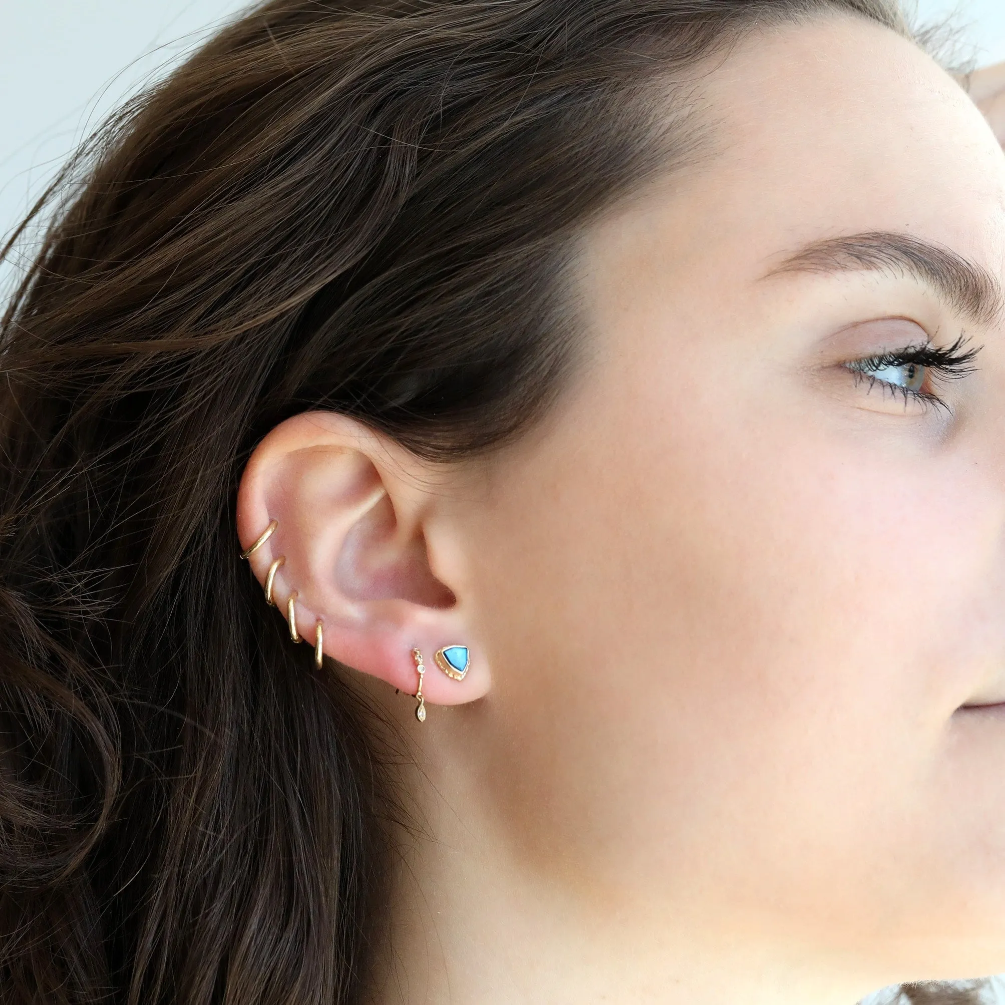 14K Gold Triangular Blue Rainbow Moonstone Stud