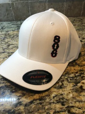 806 Flex Fit Hat White Hat Stacked (Vertical Logo) Black 806 and Red Outline)