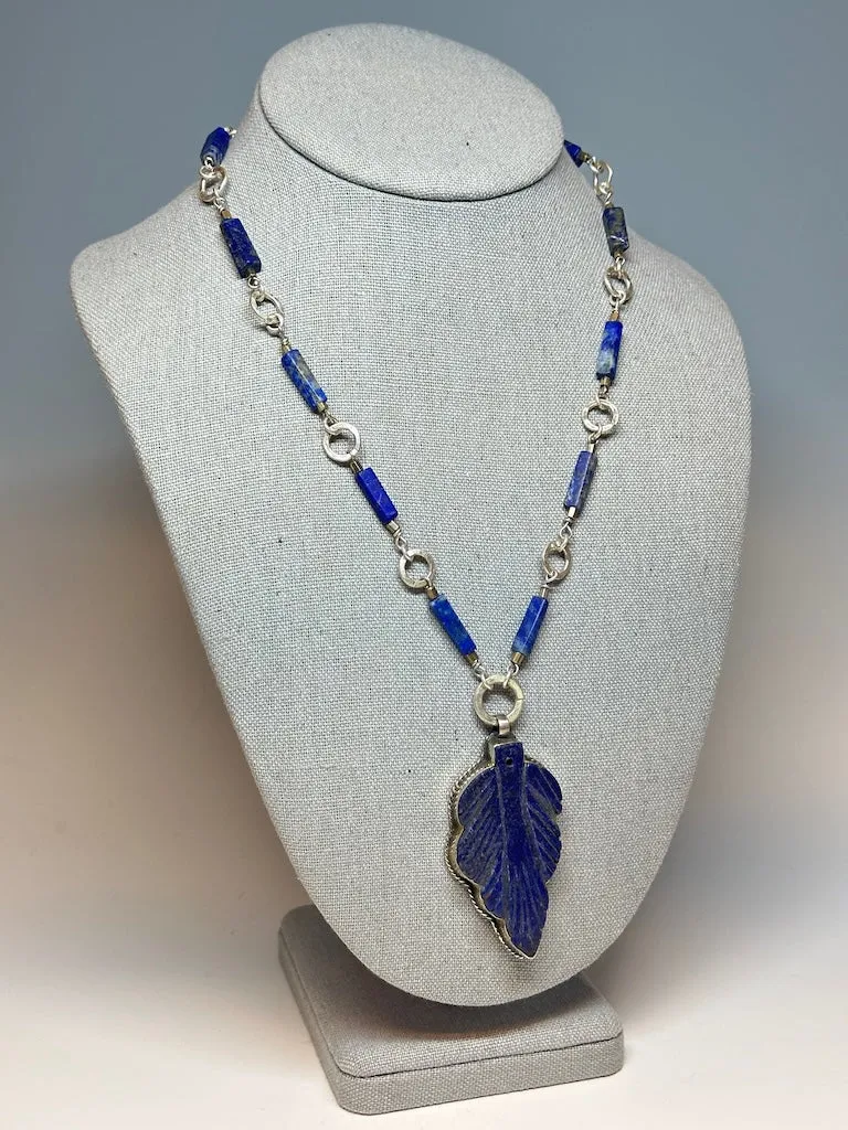 AFGHAN LAPIS WITH LAPIS AND STERLING SILVER FOCAL PENDANT NECKLACE LCN680