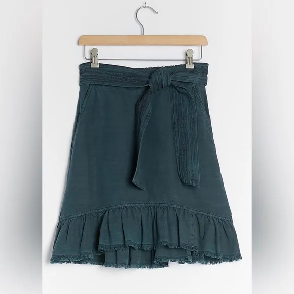 ANTHROPOLOGIE Pilcro Amora Ruffled Mini Skirt In Teal Blue Size XS Beach Coast