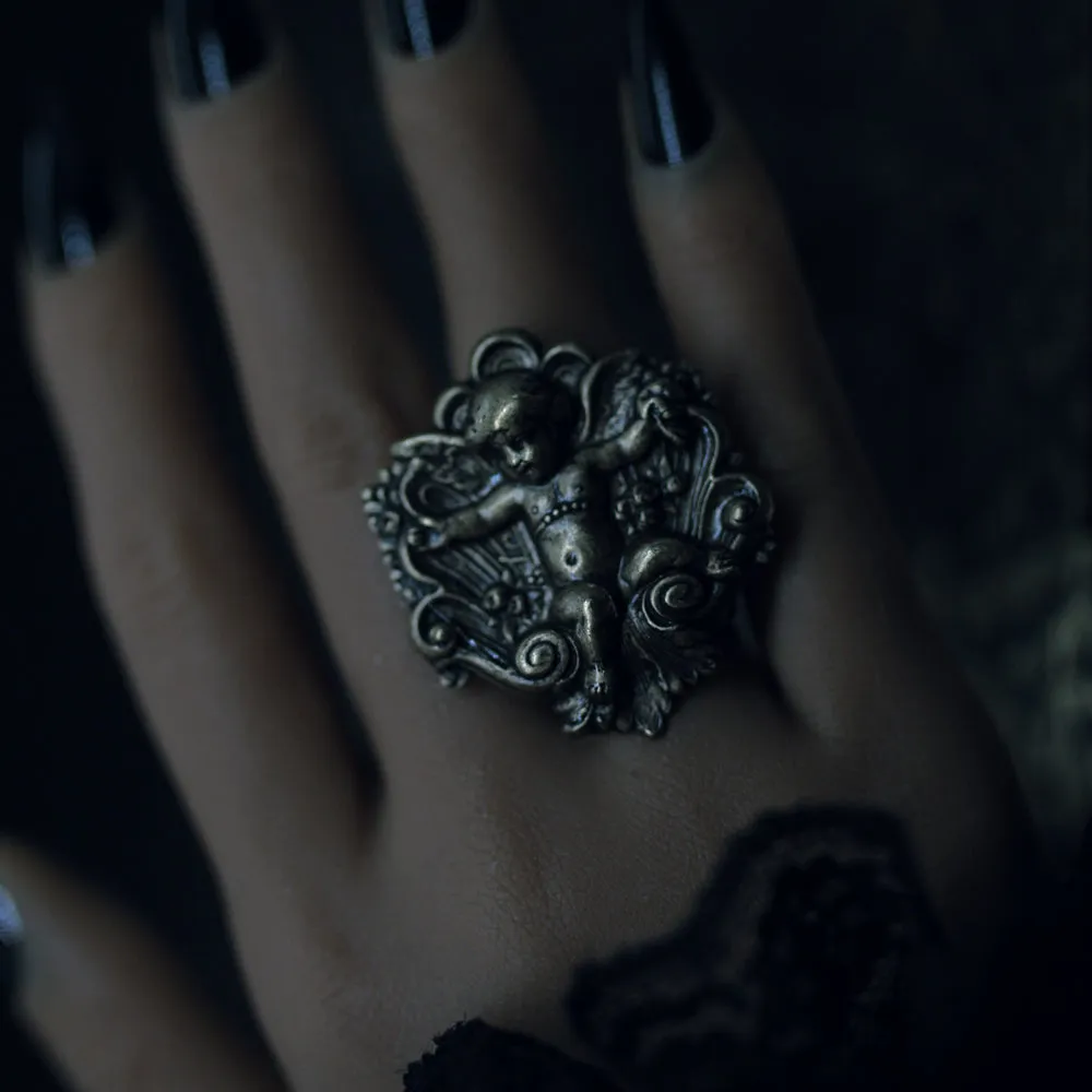 Antiqued Brass Victorian Angel Statement Ring