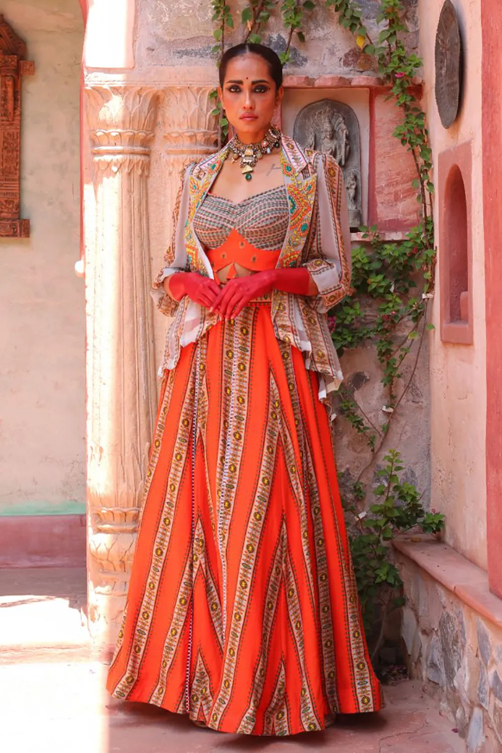 Ashen Grey Overlay With Pleated Bodice With Apricot Lehenga