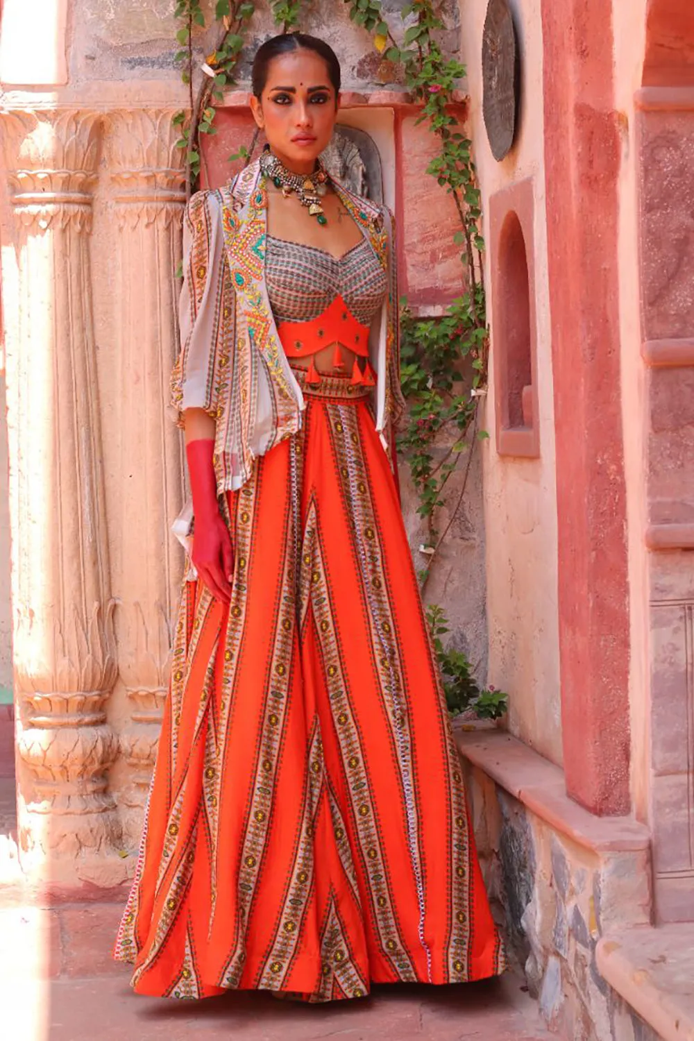 Ashen Grey Overlay With Pleated Bodice With Apricot Lehenga