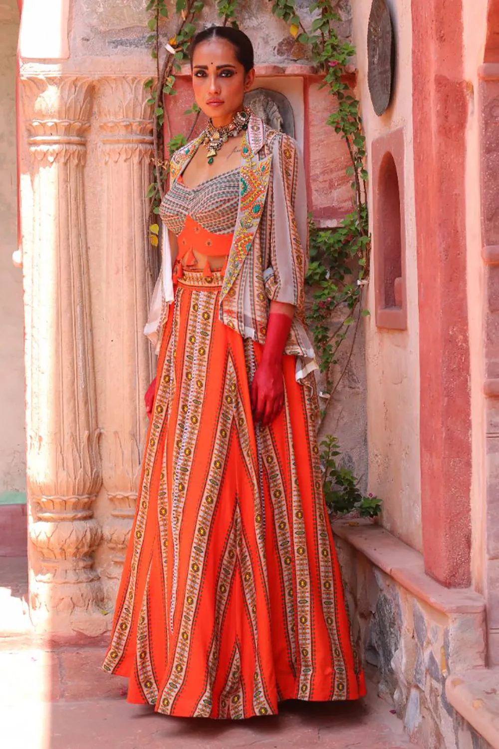 Ashen Grey Overlay With Pleated Bodice With Apricot Lehenga