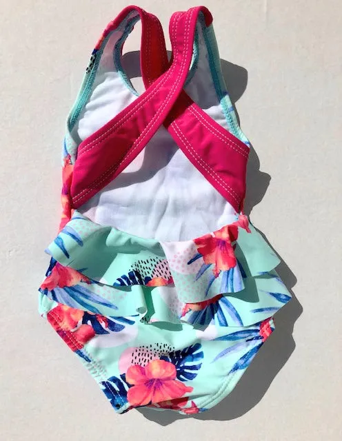Baby Girls Aqua and Pink Tropical Flowers One Piece  Swimsuit