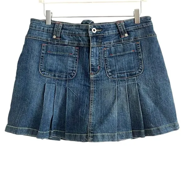Baccini Y2K Pleated Denim Mini Skirt Skort Sz 12 Blue Preppy Academia Schoolgirl