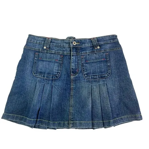 Baccini Y2K Pleated Denim Mini Skirt Skort Sz 12 Blue Preppy Academia Schoolgirl