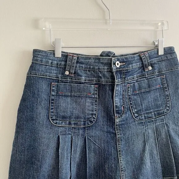 Baccini Y2K Pleated Denim Mini Skirt Skort Sz 12 Blue Preppy Academia Schoolgirl