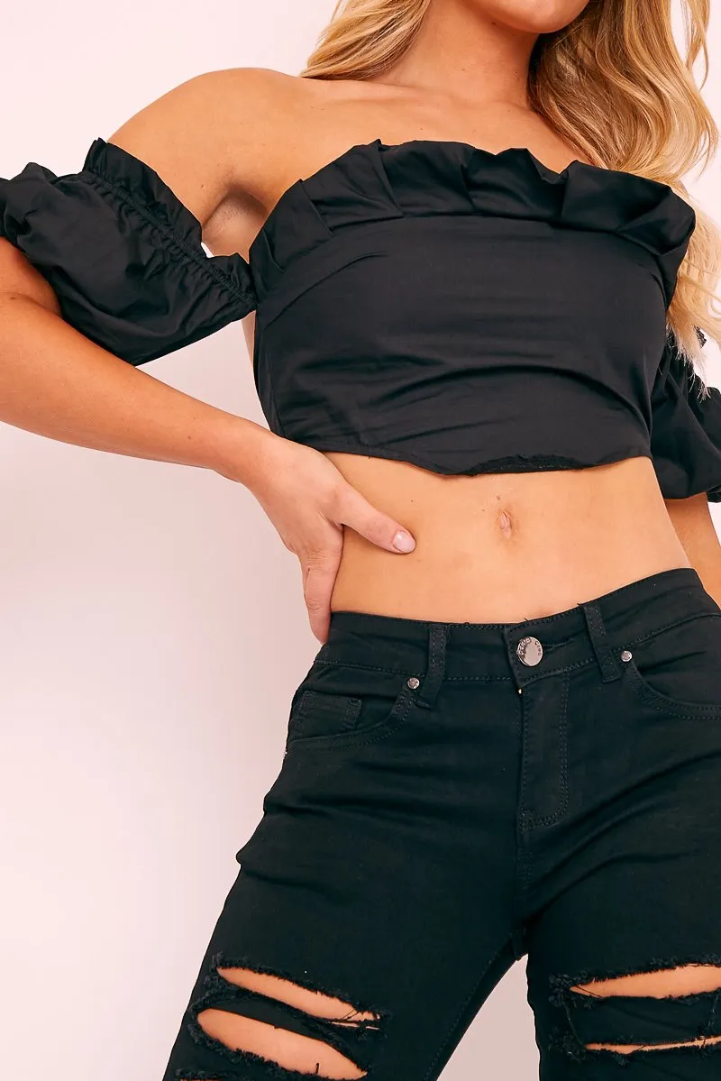 Black Cotton Pleated Bandeau Crop Top - Galaxy