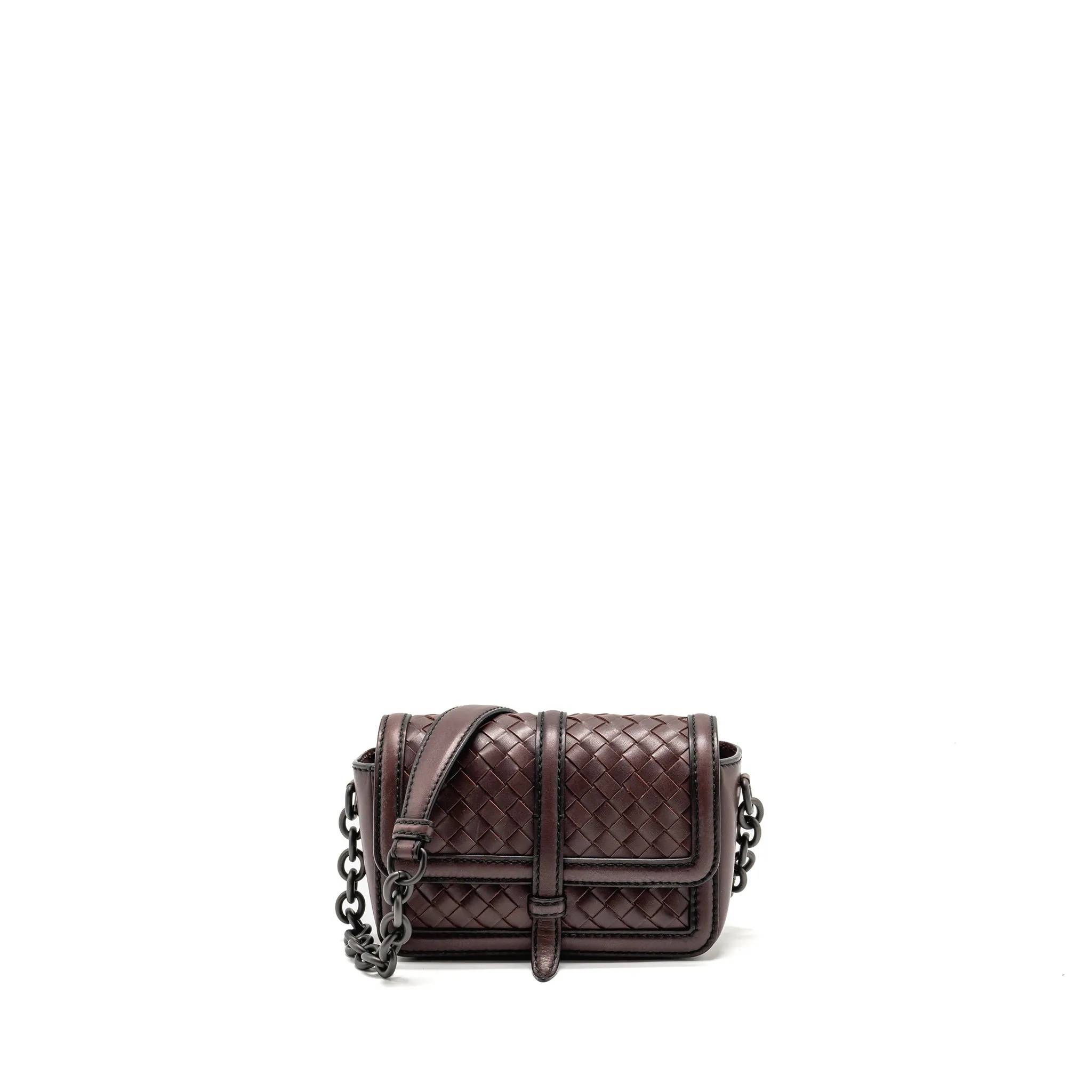 Bottega Veneta Mini Intrecciato Flap Bag Leather Dark Brown with Black Hardware