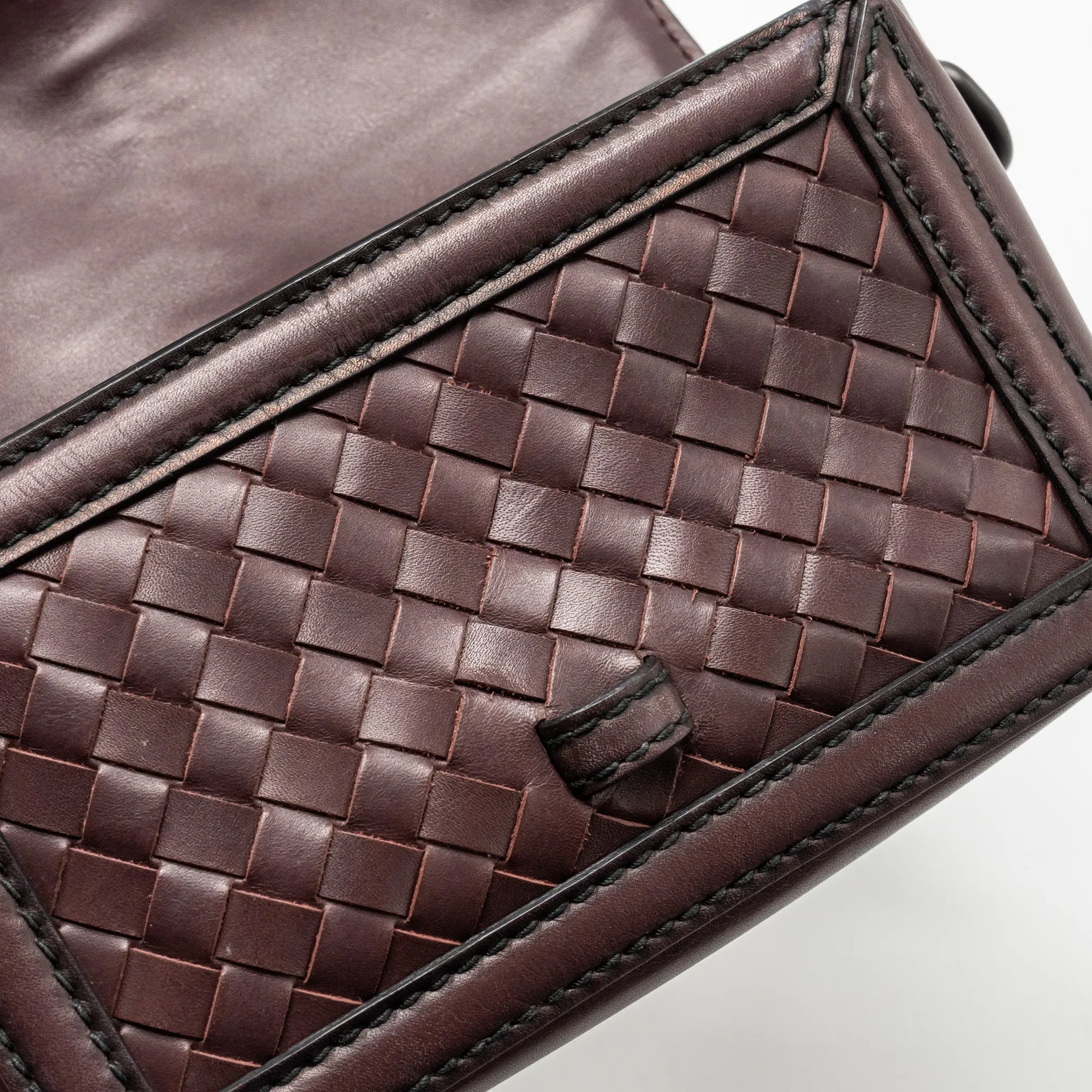 Bottega Veneta Mini Intrecciato Flap Bag Leather Dark Brown with Black Hardware