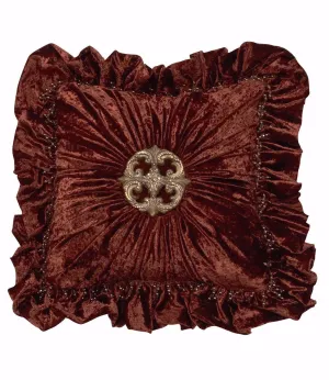 Brick Velvet And Large Medallion Square Ruffled Accent Pillow 20x20