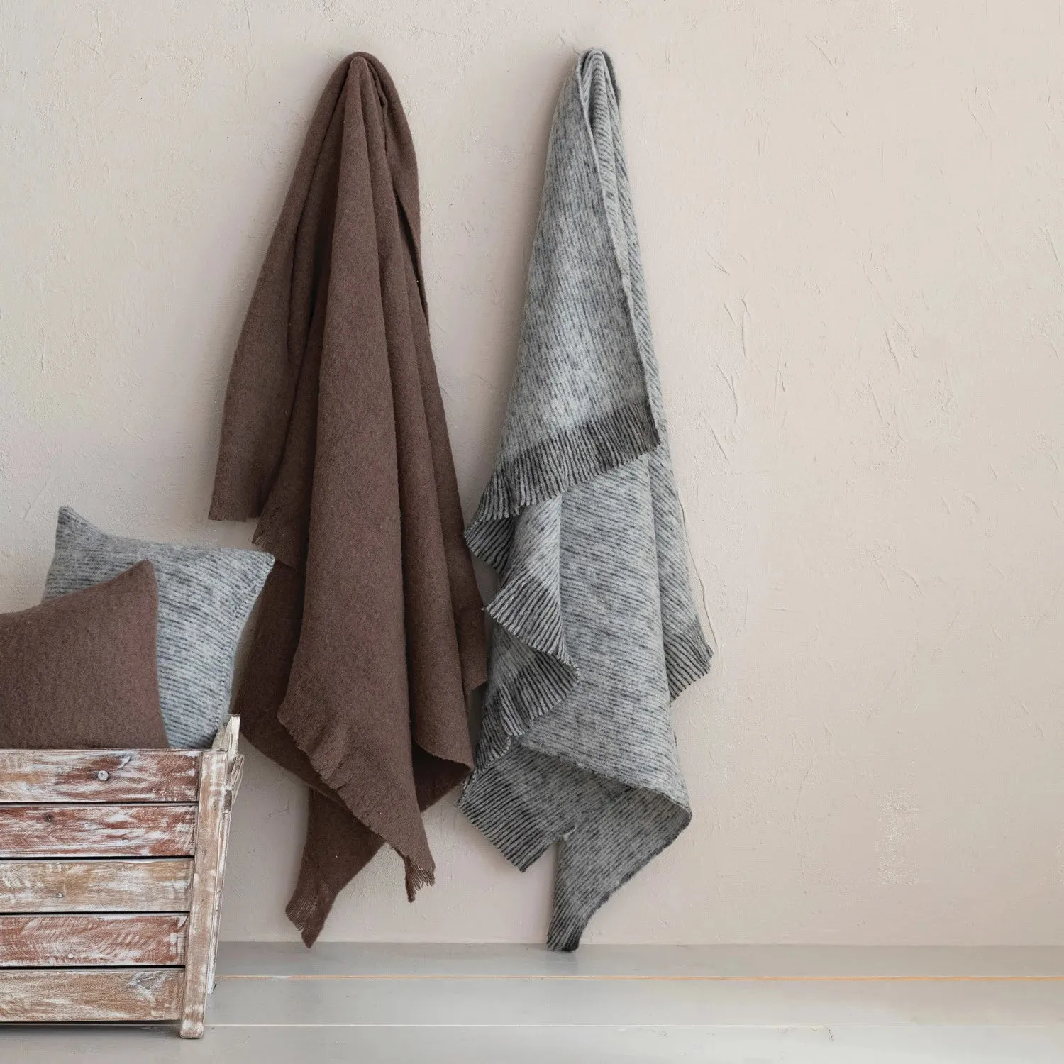 Brushed New Zealand Wool Throw w/ Ruffled Edge, Brown