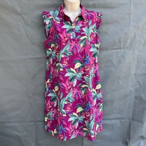 Chico's Size 1 I US M Pink Ruffled Sleeve Button Dress Tropical Collared Pink