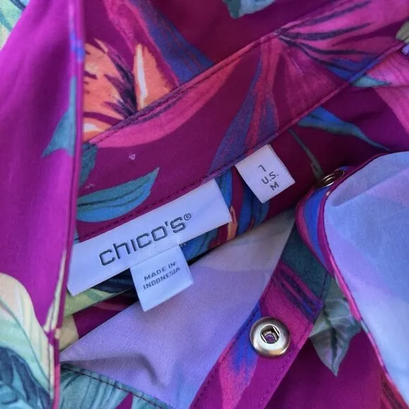 Chico's Size 1 I US M Pink Ruffled Sleeve Button Dress Tropical Collared Pink