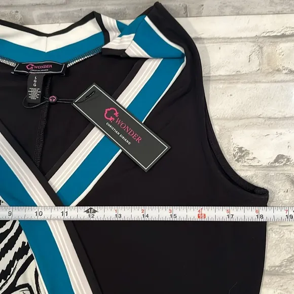 Christian Siriano C wonder poly sleeveless dress bold contrast black white teal