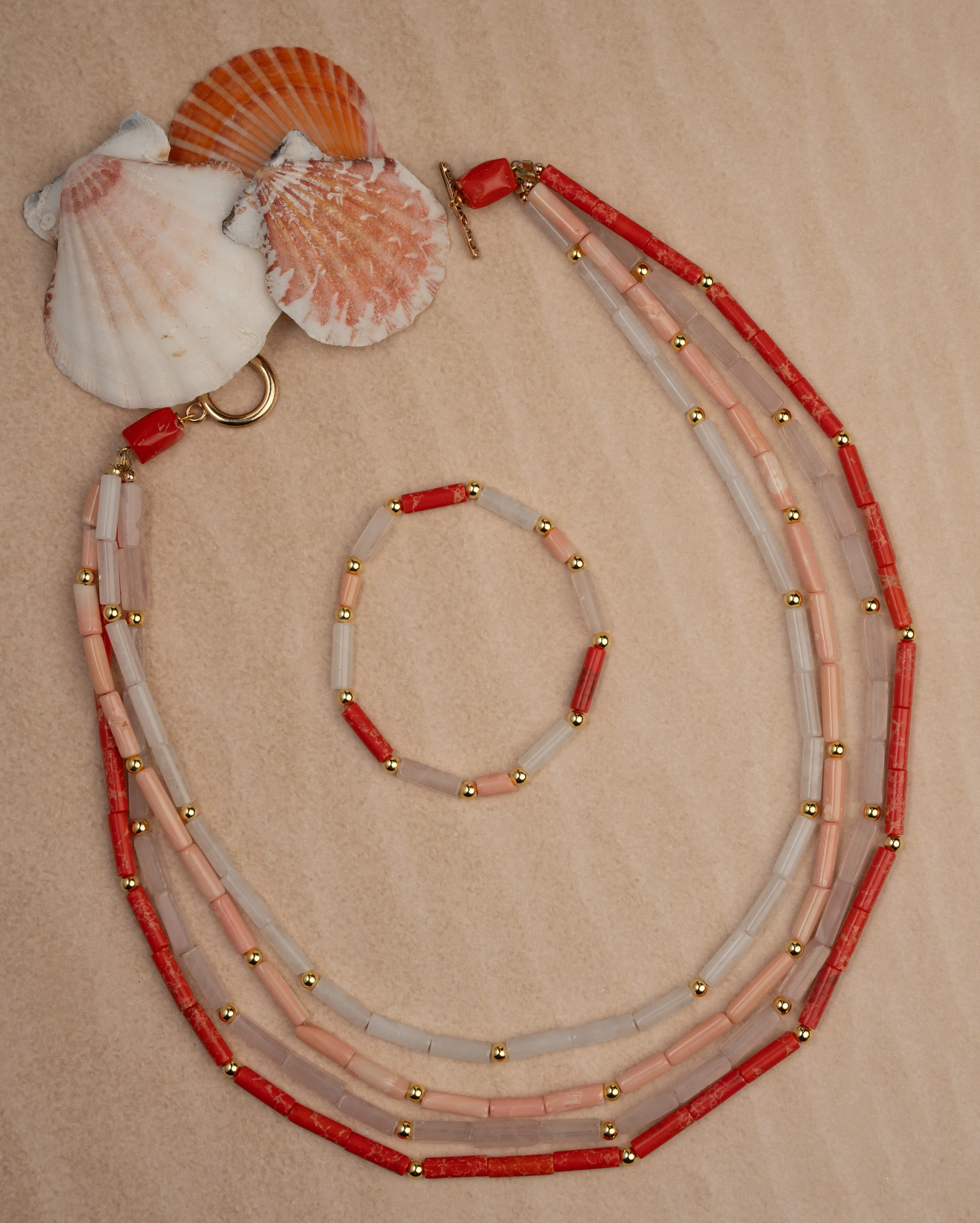 Coral Jasper, Rose Quartz, Snow Agate, & Coral Multi-Strand Necklace