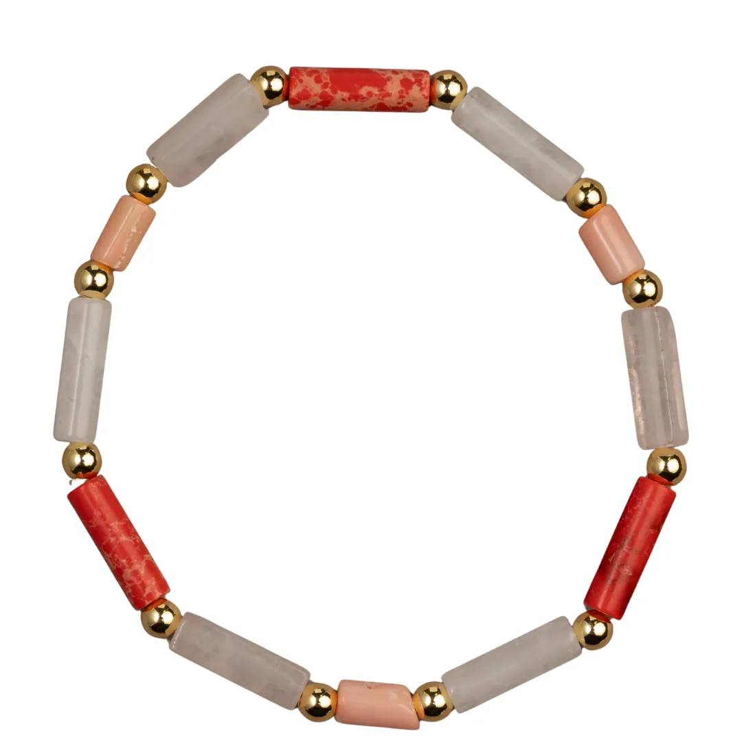 Coral Jasper, Rose Quartz, Snow Agate, & Coral Multi-Strand Necklace