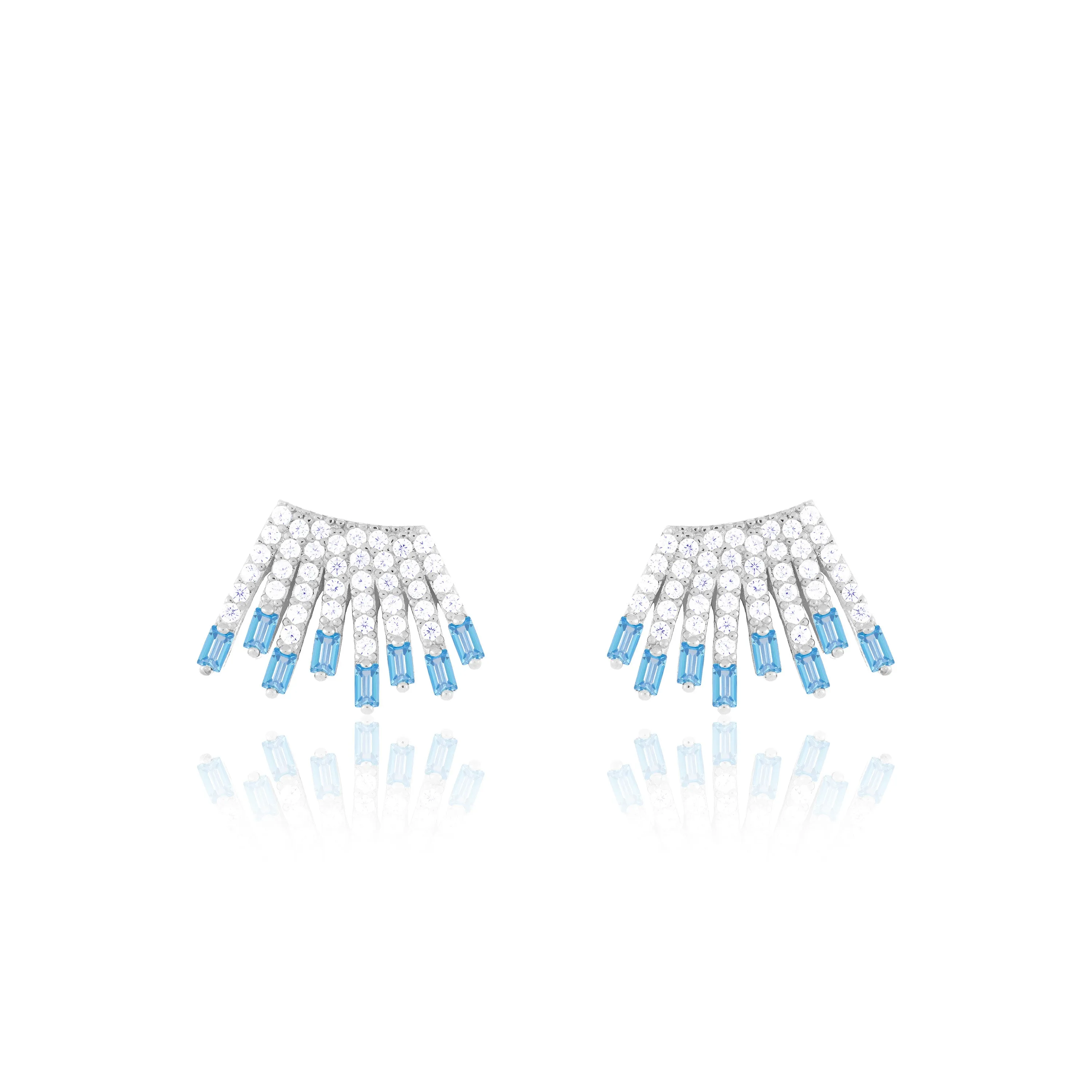Cubic Zirconia Baguette Sun Rays Earrings - Silver Aquamarine