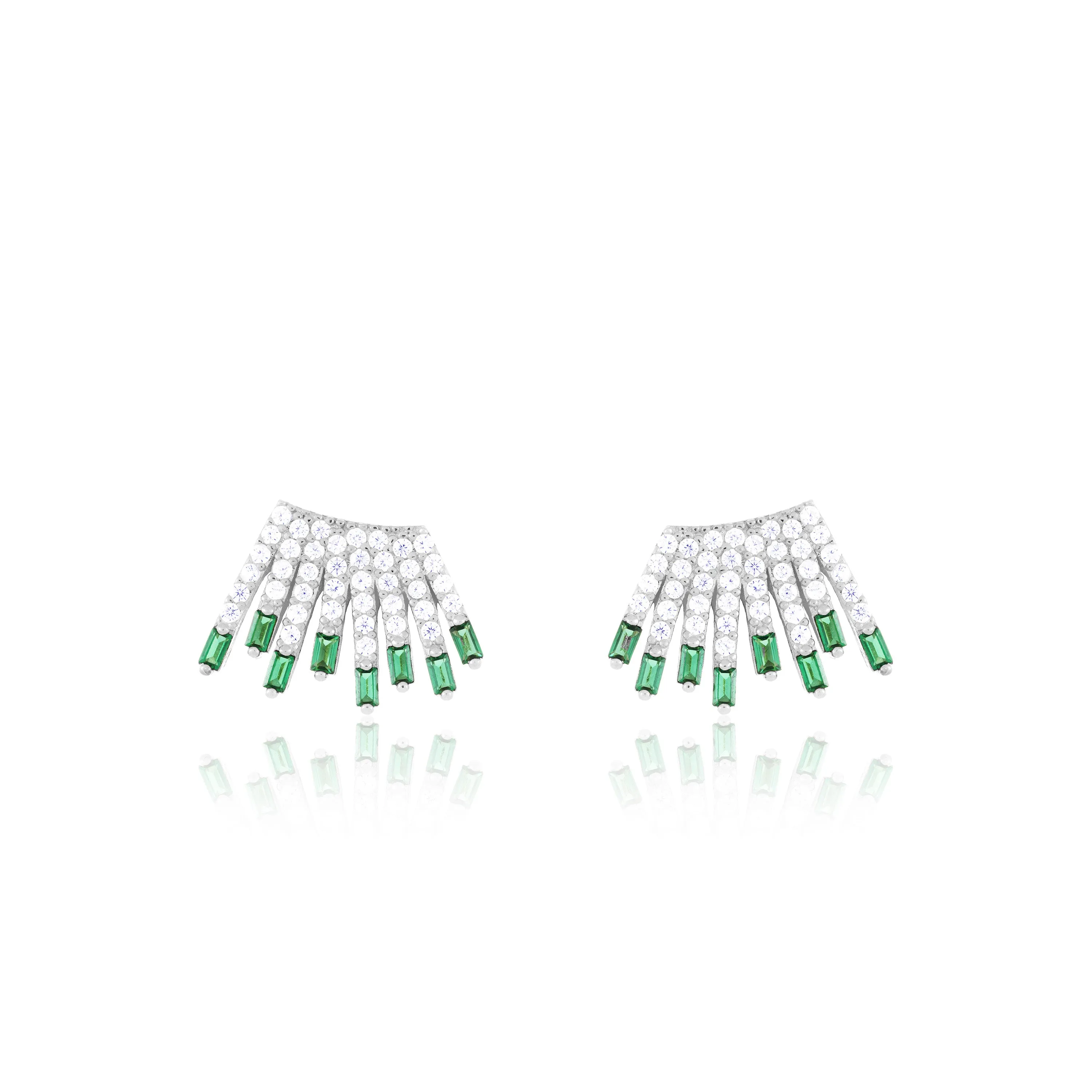Cubic Zirconia Baguette Sun Rays Earrings - Silver Green And White