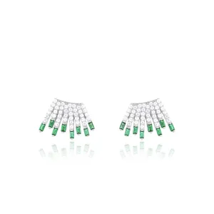 Cubic Zirconia Baguette Sun Rays Earrings - Silver Green And White