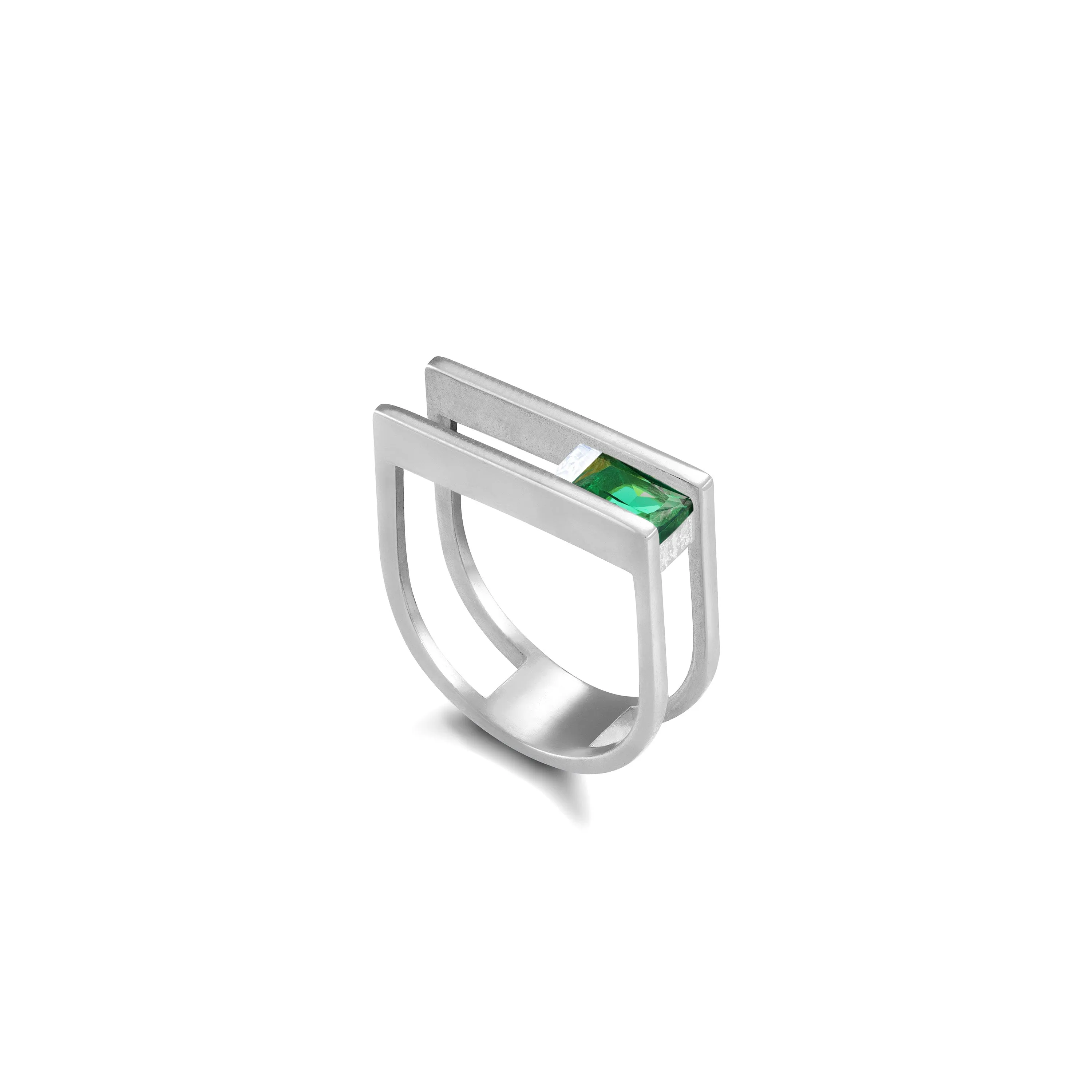 Cubic Zirconia Stone Double Bar Ring - Silver Green And White - One Baguette One Square Stone