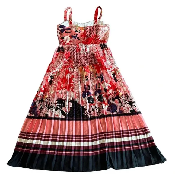 Dalia MacPhee Floral Pleated Printed Midi Dress Satin Sweetheart Size Medium