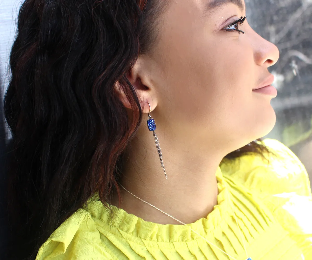 Dangling Chain Blue Druzy 14k Vermeil Earrings