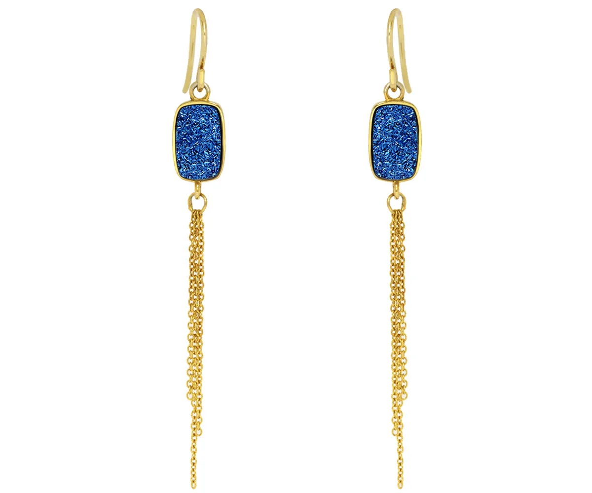 Dangling Chain Blue Druzy 14k Vermeil Earrings