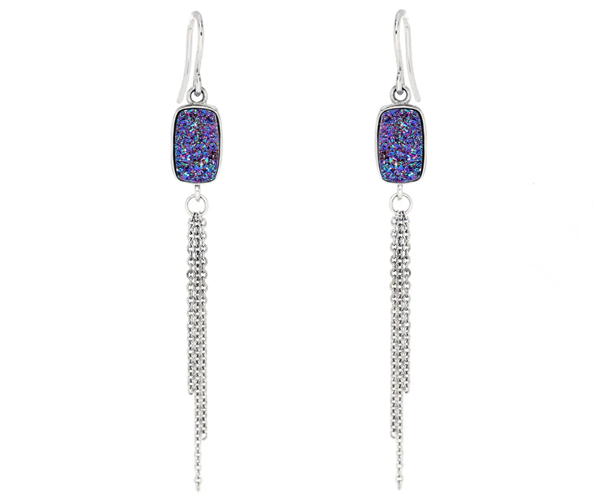 Dangling Chain Purple Rainbow Druzy Earrings