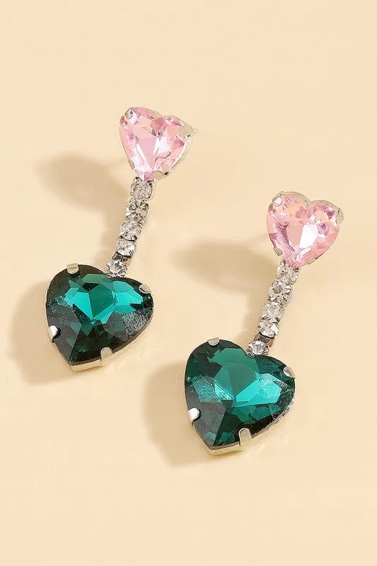 Dangling Heart Statement Earrings - Emerald
