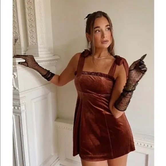 DANIELLE BERNSTEIN Warm Brown Ruffled Tie Velvet Mini Party Dress XS
