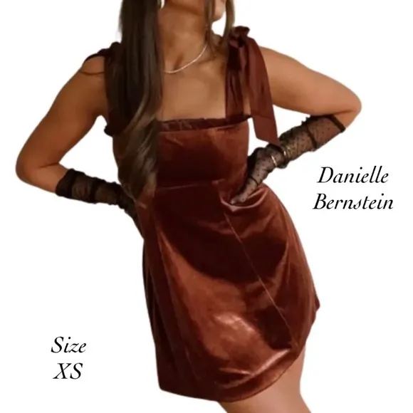 DANIELLE BERNSTEIN Warm Brown Ruffled Tie Velvet Mini Party Dress XS