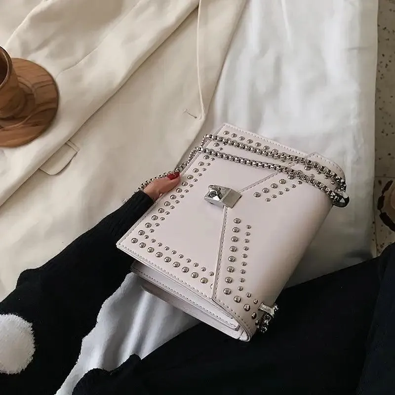 Dazzling Scrub Leather Designer Shoulder Bags For Women And Girls Luxury Chain Rivet Crossbody Bag - Female Small Handbags
