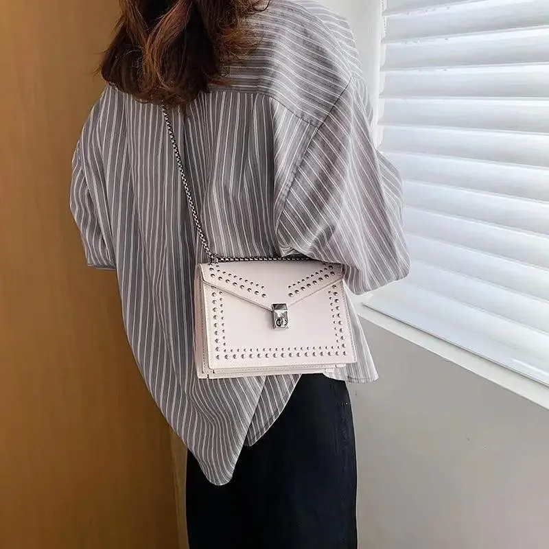 Dazzling Scrub Leather Designer Shoulder Bags For Women And Girls Luxury Chain Rivet Crossbody Bag - Female Small Handbags