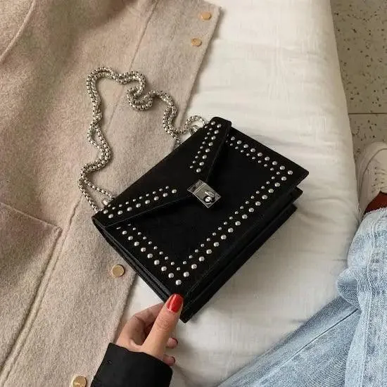 Dazzling Scrub Leather Designer Shoulder Bags For Women And Girls Luxury Chain Rivet Crossbody Bag - Female Small Handbags