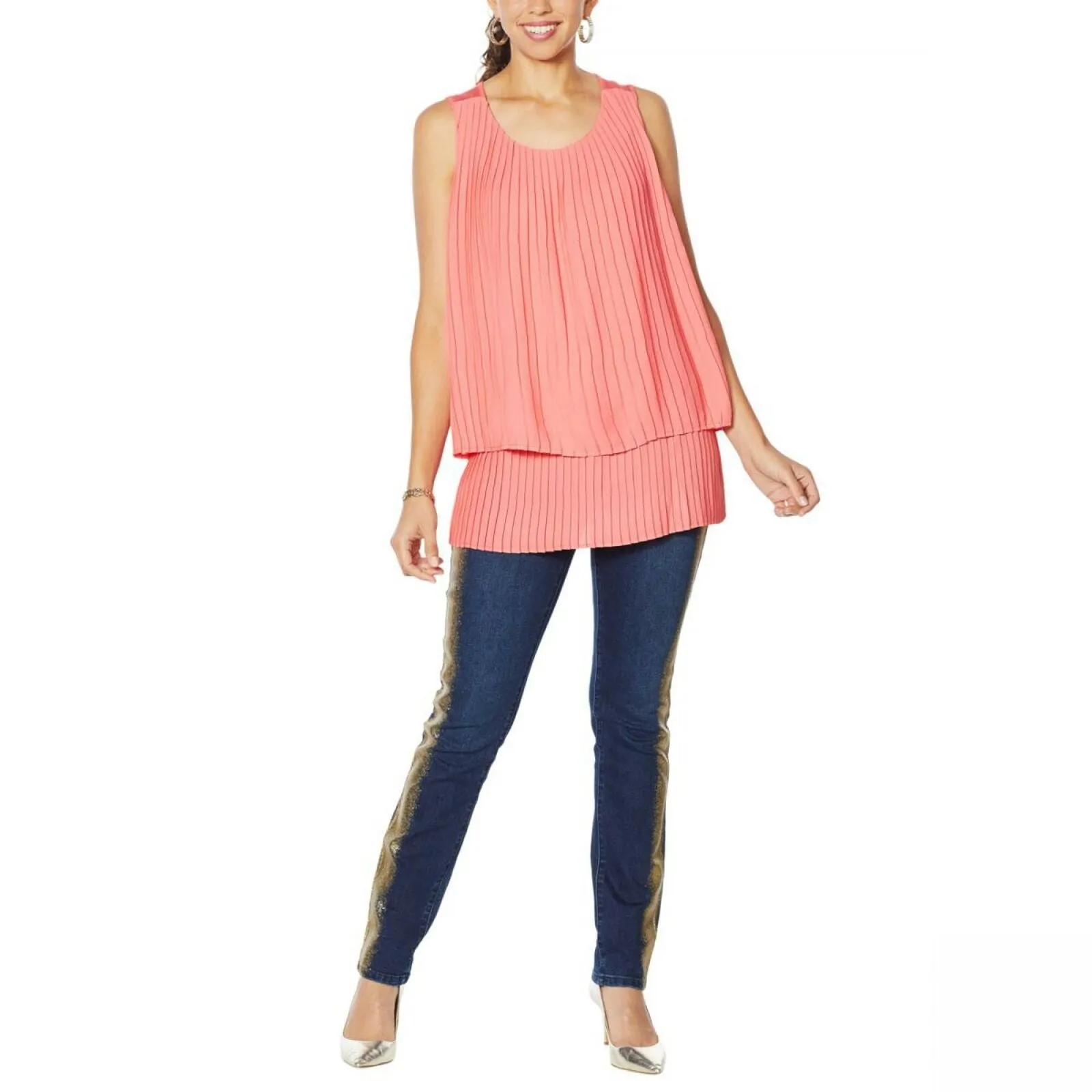 DG2 by Diane Gilman Women's Plus Size Front Pleated Mixed Media Tank Top
