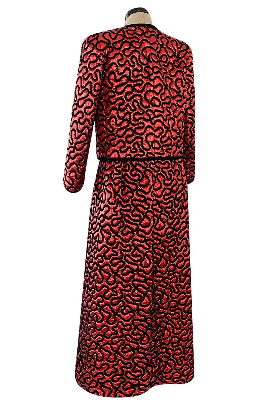 Documented Fall 1981 Chanel Red Metallic Silk Skirt & Jacket Set w Hand Applied Chenille Cording Detail