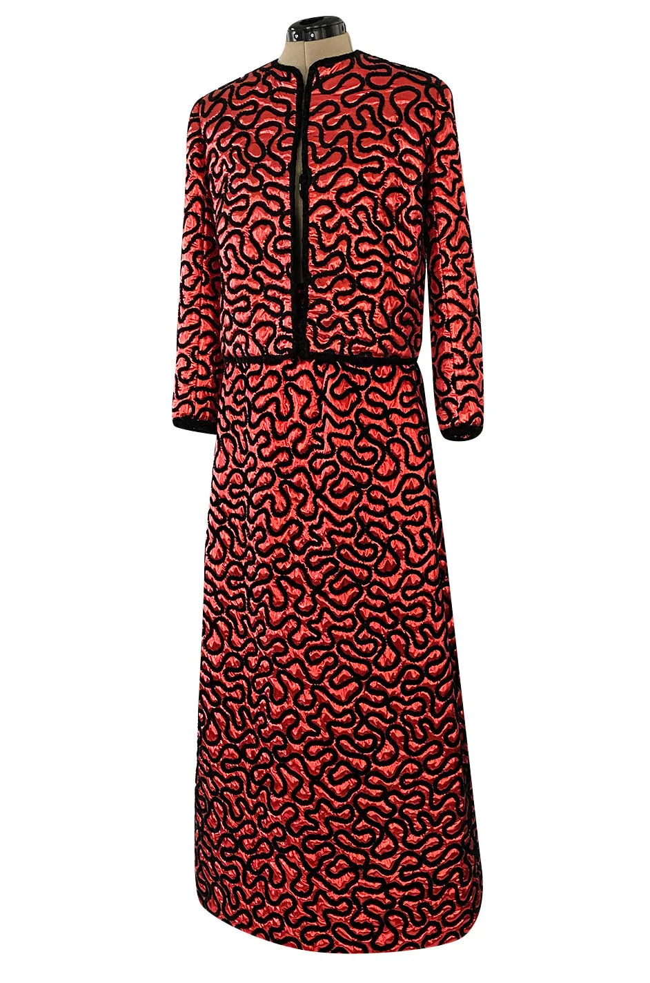 Documented Fall 1981 Chanel Red Metallic Silk Skirt & Jacket Set w Hand Applied Chenille Cording Detail
