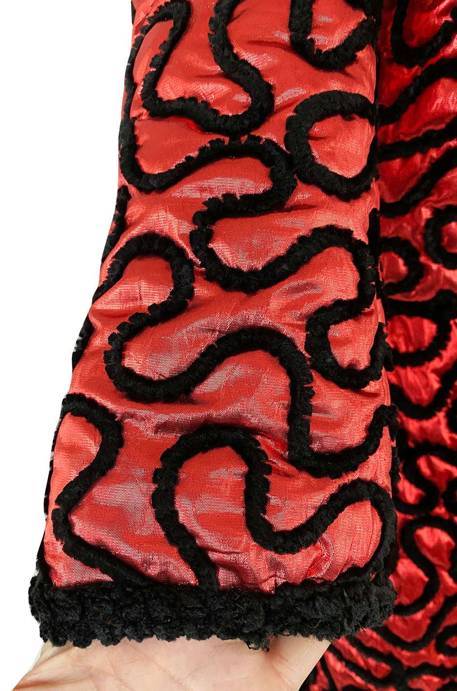 Documented Fall 1981 Chanel Red Metallic Silk Skirt & Jacket Set w Hand Applied Chenille Cording Detail