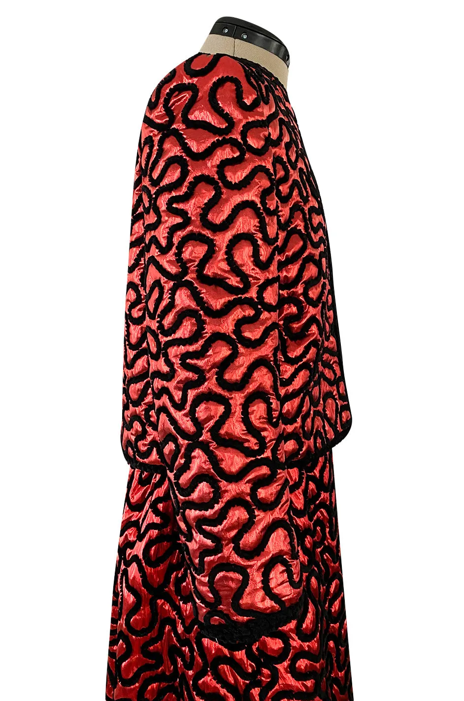 Documented Fall 1981 Chanel Red Metallic Silk Skirt & Jacket Set w Hand Applied Chenille Cording Detail