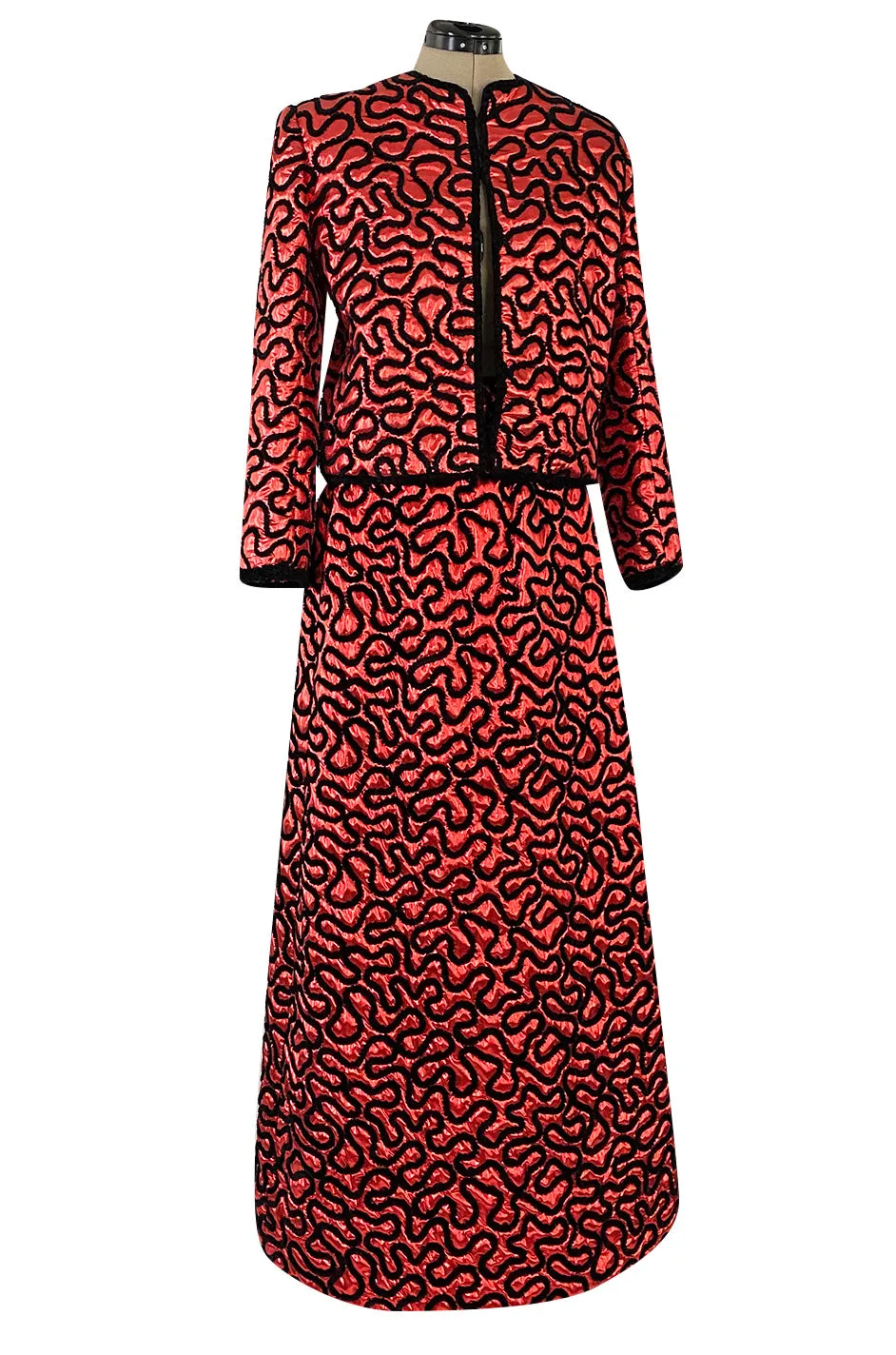 Documented Fall 1981 Chanel Red Metallic Silk Skirt & Jacket Set w Hand Applied Chenille Cording Detail