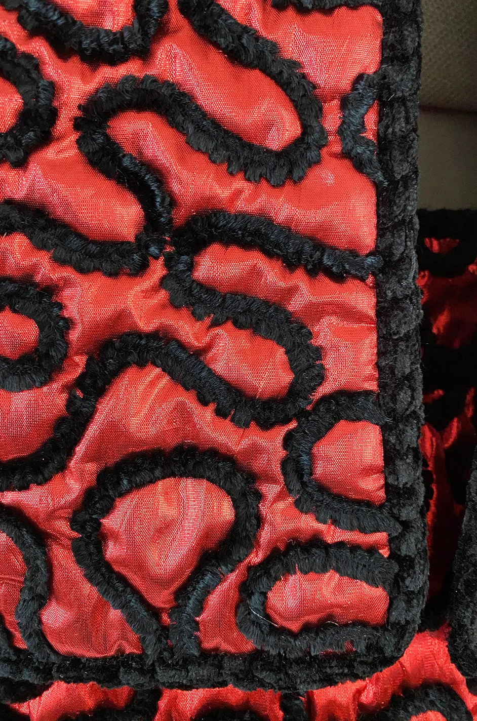 Documented Fall 1981 Chanel Red Metallic Silk Skirt & Jacket Set w Hand Applied Chenille Cording Detail
