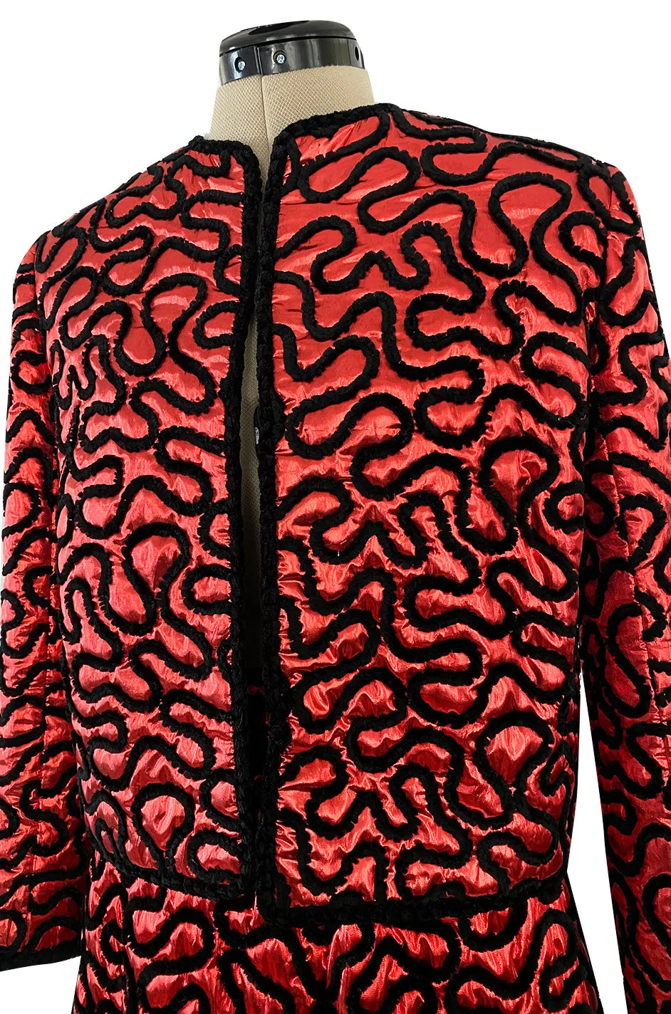Documented Fall 1981 Chanel Red Metallic Silk Skirt & Jacket Set w Hand Applied Chenille Cording Detail