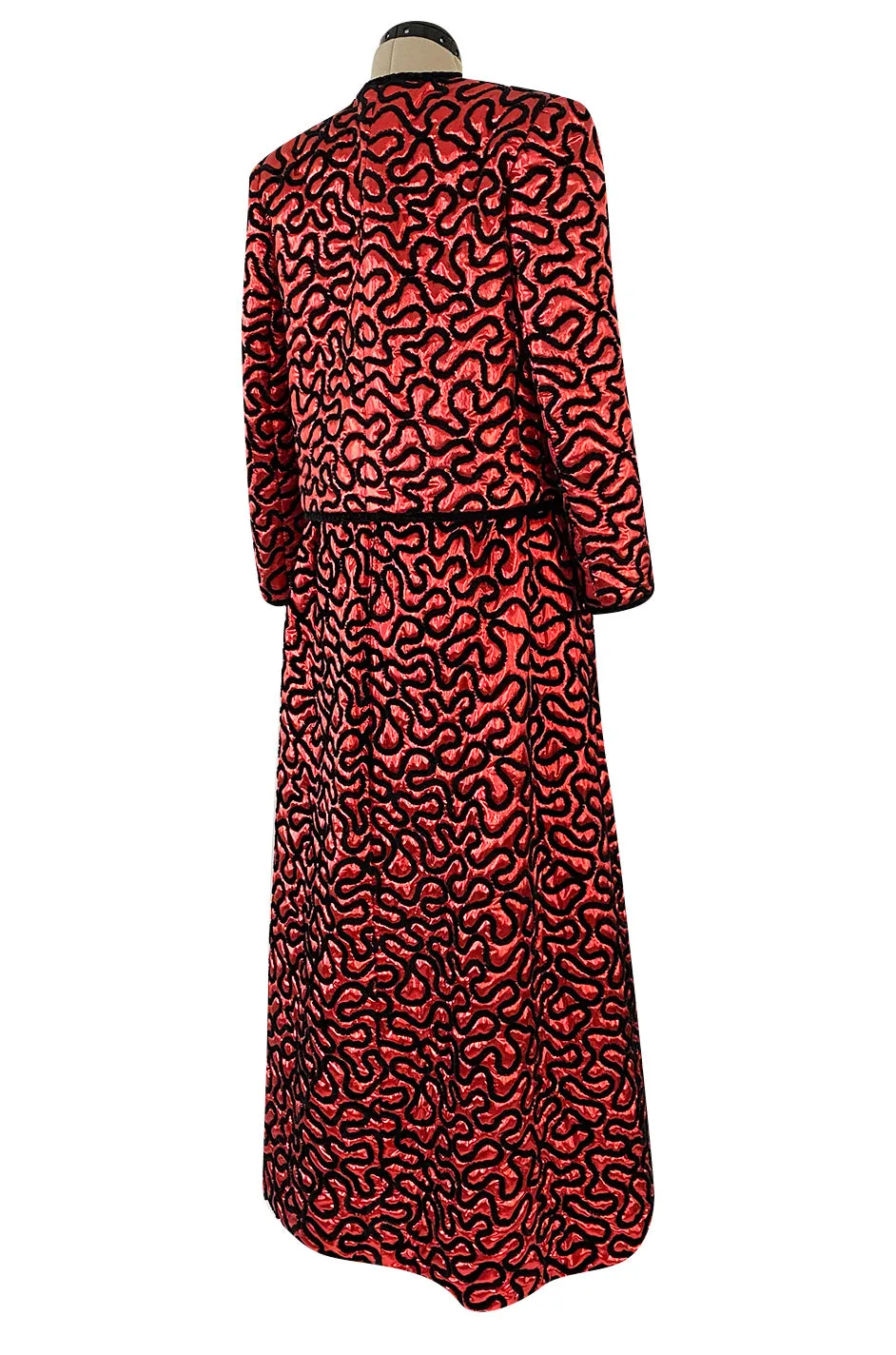 Documented Fall 1981 Chanel Red Metallic Silk Skirt & Jacket Set w Hand Applied Chenille Cording Detail
