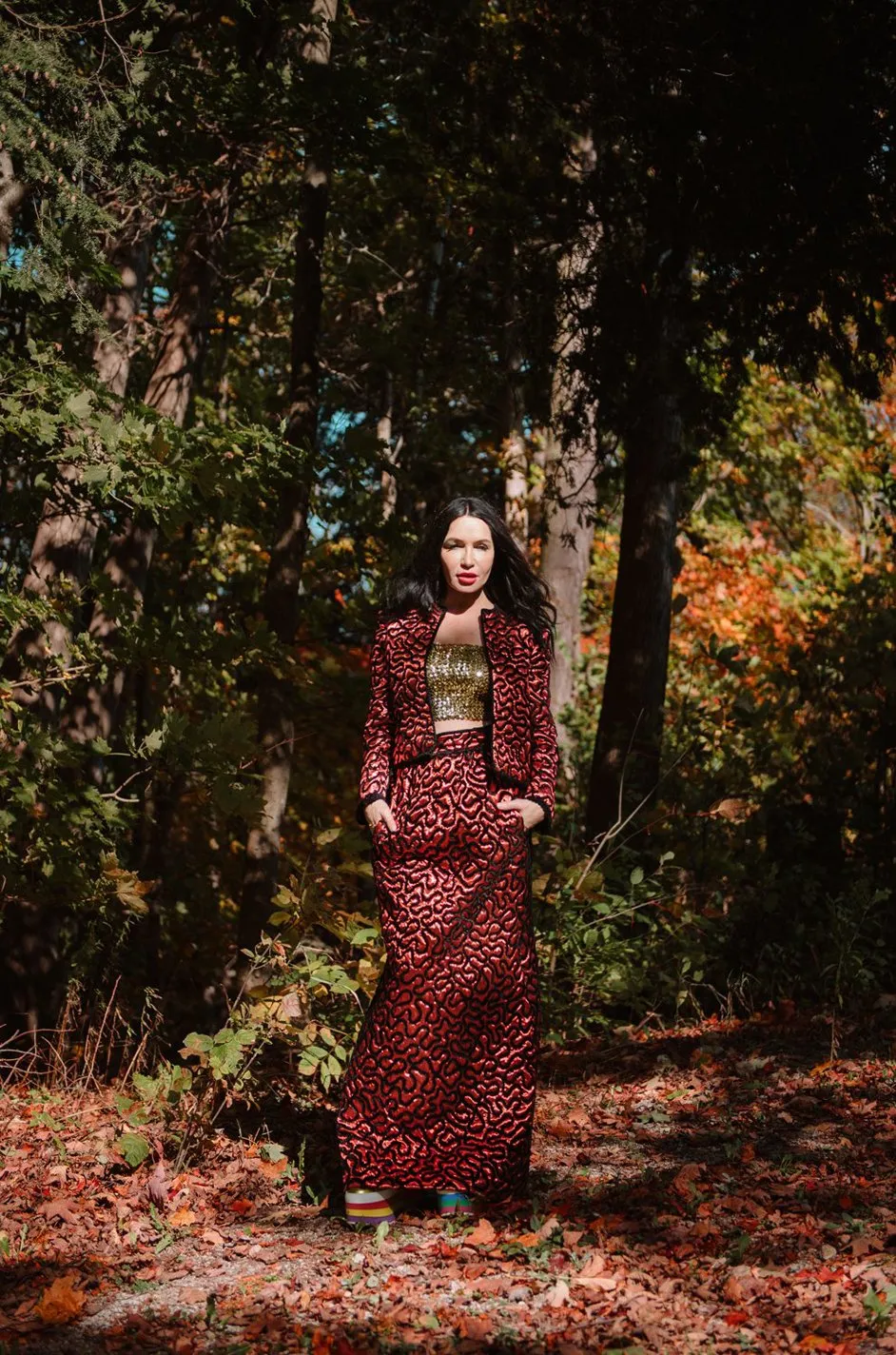 Documented Fall 1981 Chanel Red Metallic Silk Skirt & Jacket Set w Hand Applied Chenille Cording Detail