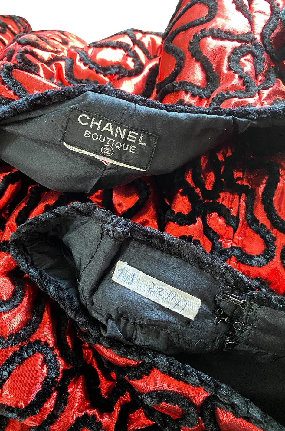 Documented Fall 1981 Chanel Red Metallic Silk Skirt & Jacket Set w Hand Applied Chenille Cording Detail