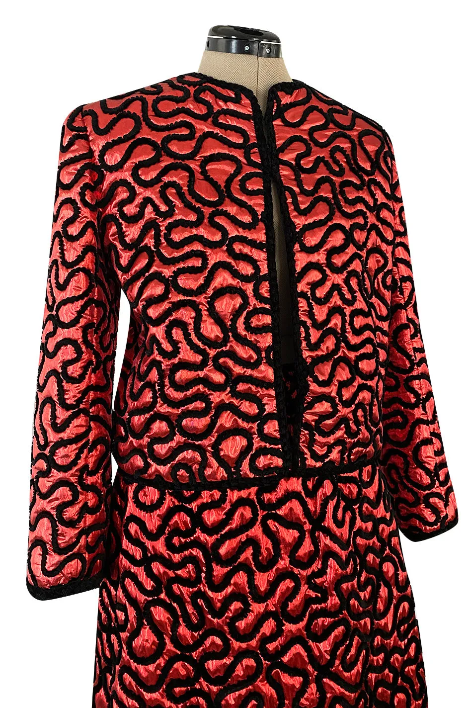 Documented Fall 1981 Chanel Red Metallic Silk Skirt & Jacket Set w Hand Applied Chenille Cording Detail