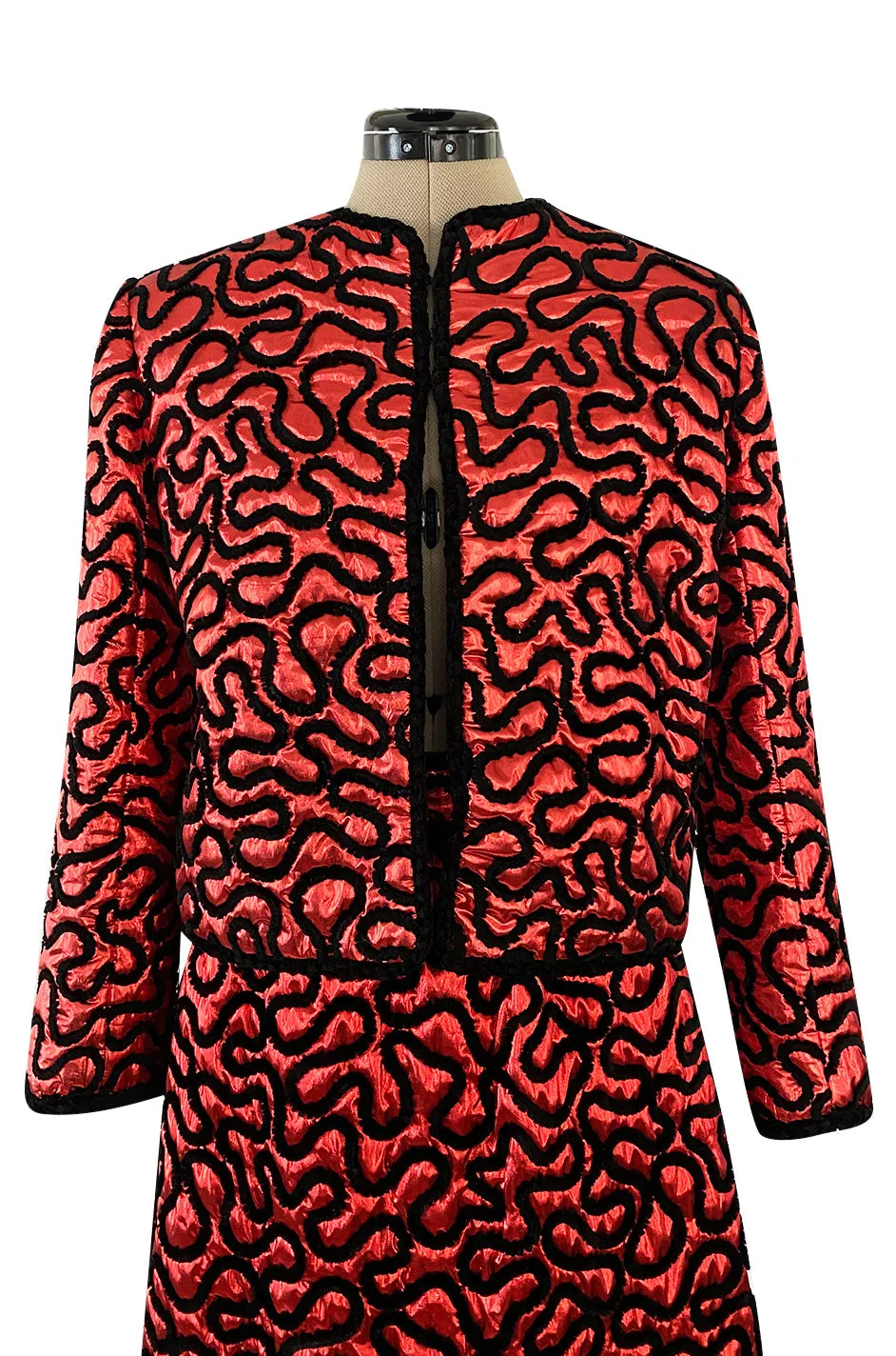 Documented Fall 1981 Chanel Red Metallic Silk Skirt & Jacket Set w Hand Applied Chenille Cording Detail
