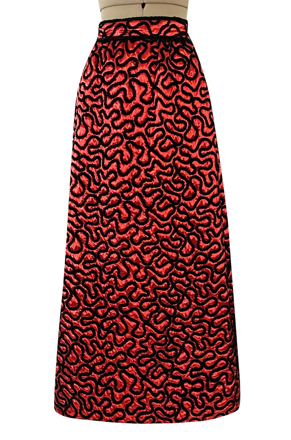 Documented Fall 1981 Chanel Red Metallic Silk Skirt & Jacket Set w Hand Applied Chenille Cording Detail